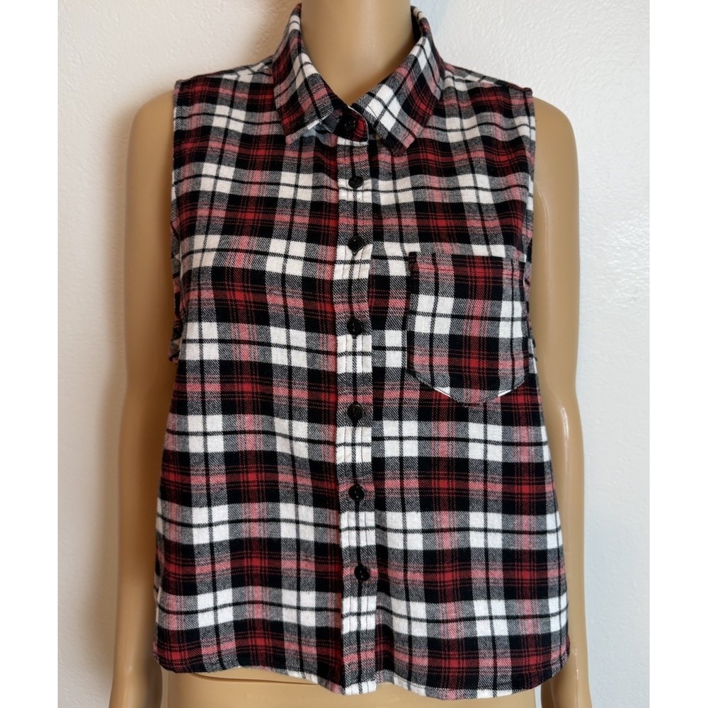 Y2K 2000s Wild Fable Red Black Plaid Sleeveless Womens Button Up Shirt Size XXL